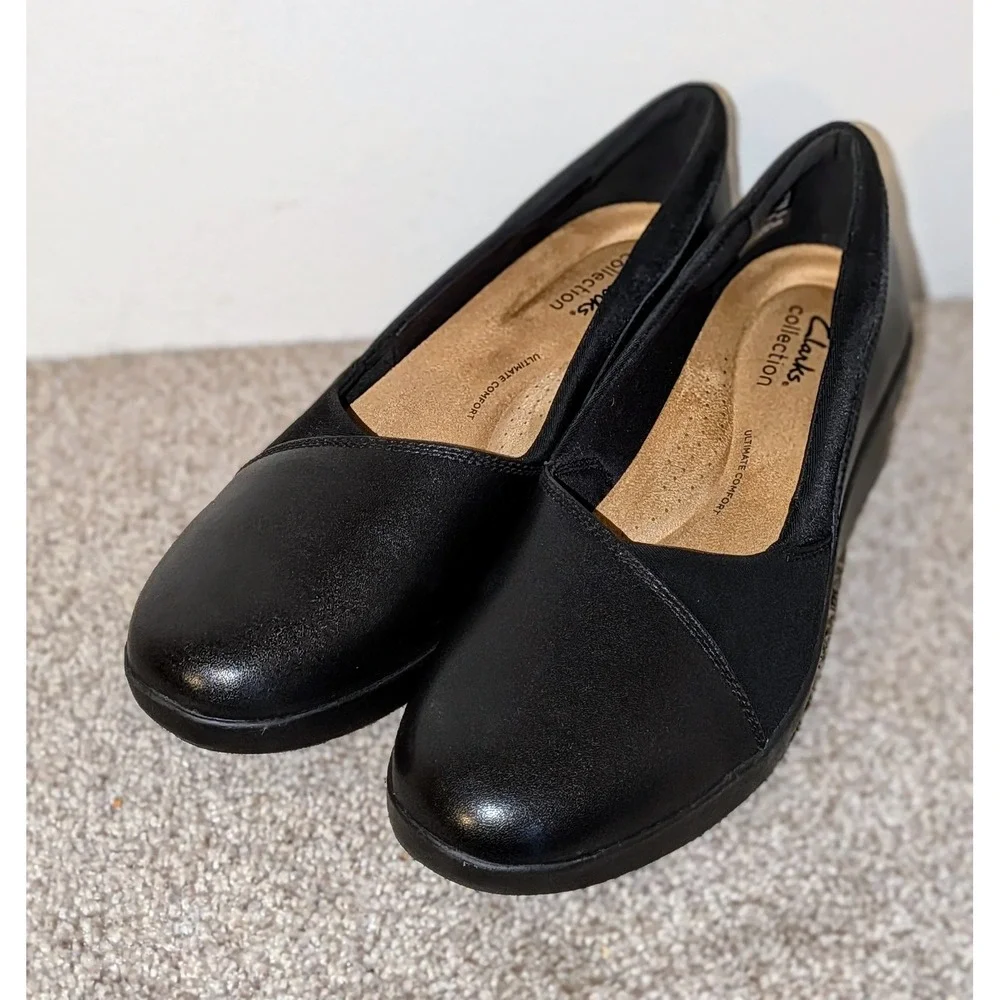 Clarks Collection Black Wedge Slip On Shoes Comfort Womens Size 10‎ NEW $75